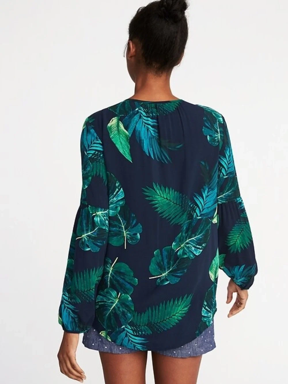 Old Navy Women’s Relaxed Split-Neck Tropical Leaves Blouse - Picture 2 of 4